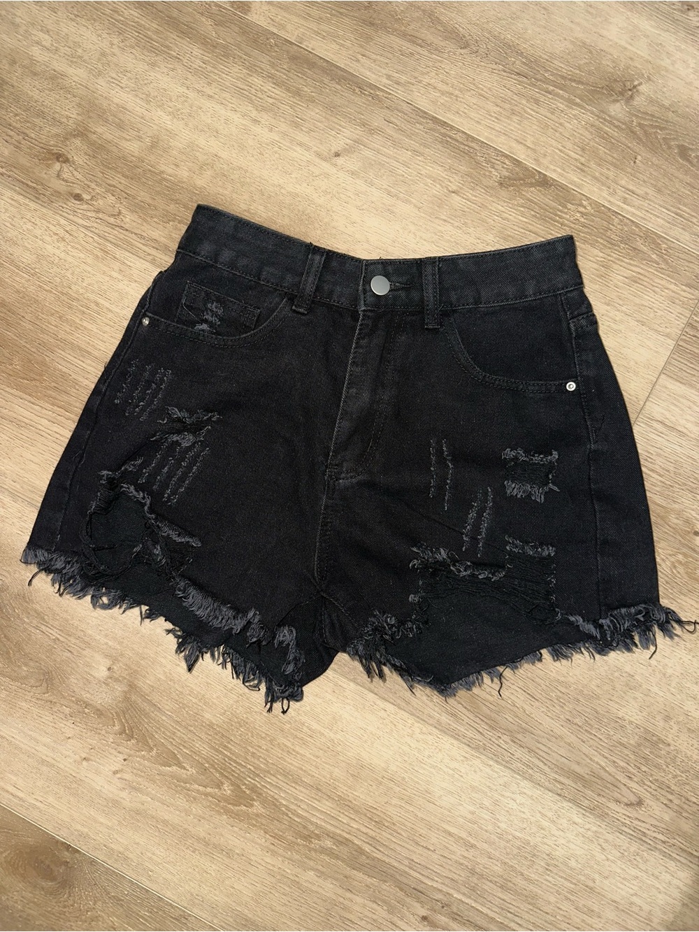 SHEIN Black Distressed High-Rise Denim Shorts